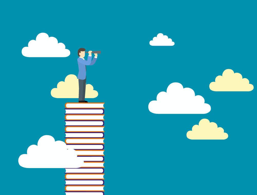 Ilustração de uma torre de livros e uma pessoa em cima com uma luneta olhando o horizonte.