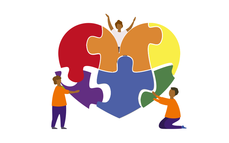 Ilustração de pessoas montando um quebra-cabeça em formato de coração com as cores da bandeira lgbtqia+