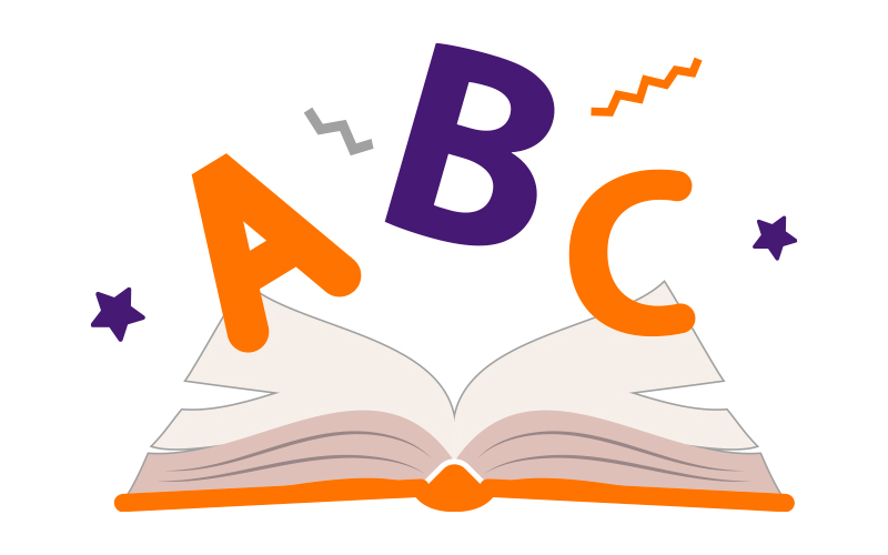 Ilustração de um livro aberto e dentro dele saindo as letras A, B e C