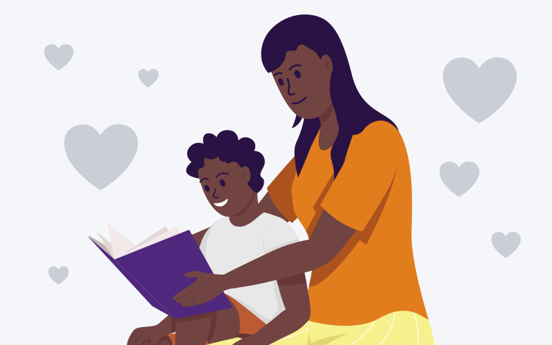Ilustração de um mãe e filho segurando, juntos, um livro.