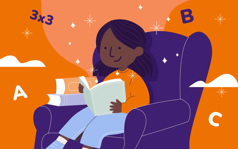Ilustração de uma criança sentada em uma poltrona segurando um livro 