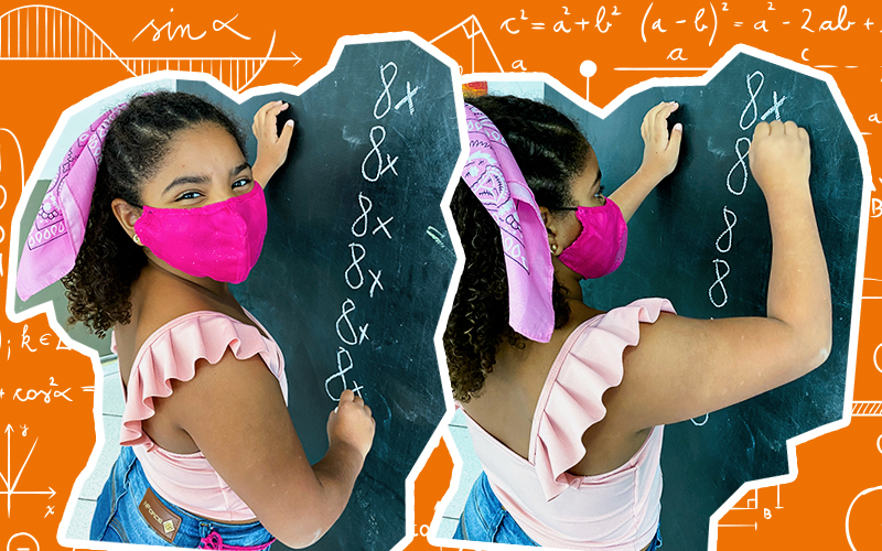 Colagem de duas fotos com aluna Alicerce fazendo uma atividade de matemática no quadro