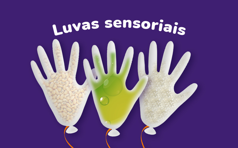 Ilustração da atividade luvas sensorias, na ilustração temos 3 luvas: uma com feijão, uma com agua e uma com papel