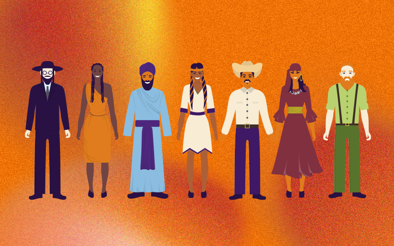 Ilustração de pessoas de vários regiões diferentes, com vestimentas que represente seus costumes