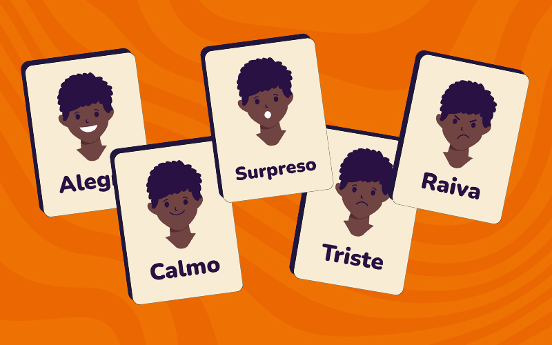 Ilustração de cartas com representações das emoções: Triste, alegre, calmo, medo, raiva, surpreso, ansioso, nojo.